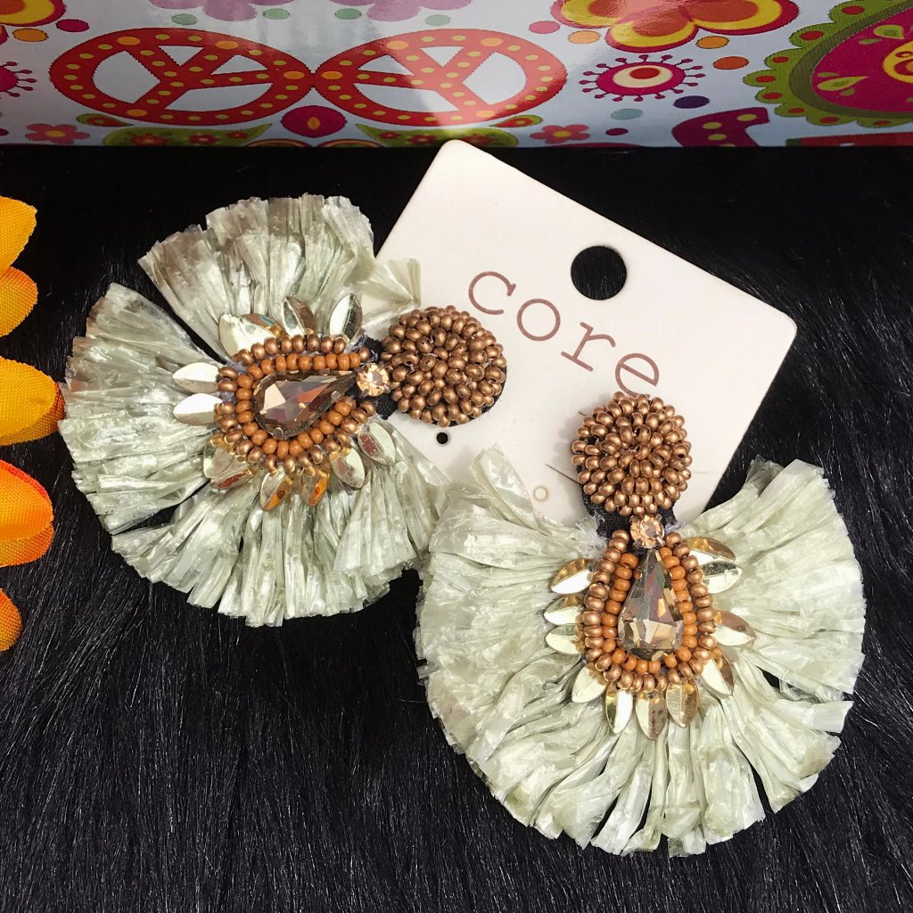 Boho Earrings Green Fringe Fan Seed Bead Posts Nwt